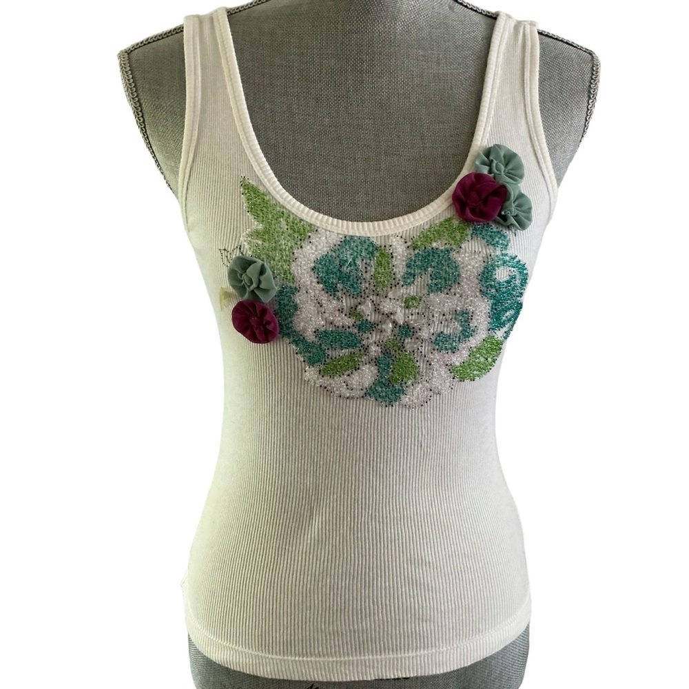 Vintage Bebe ribbed embroidered beads sleeveless tank top white size XS